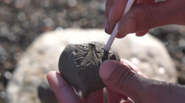 Clay crafting heart, hands create small heart shape from natural clay, adding leaf texture and holes, outdoor creative activity