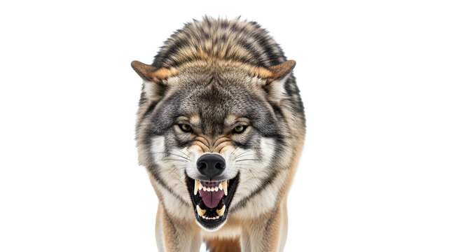 A fierce wolf with its mouth open and teeth bared against a black background