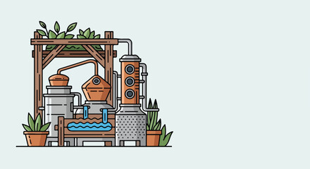 Naklejka premium Illustration of a copper gin still with botanical elements, symbolizing craft distillation and artisanal production