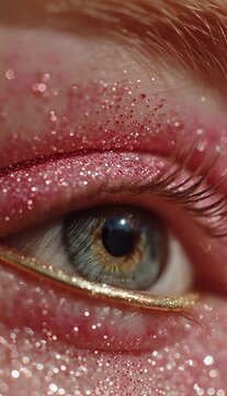 Extreme macro close up of a beautiful human eye decorated with shiny pink glitter makeup