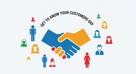 Obraz premium Get to know your customers day concept with handshake and diverse people icons on white background