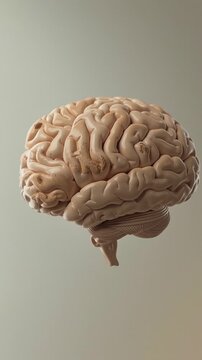 Detailed human brain anatomical model rotating on clean minimalist light background.