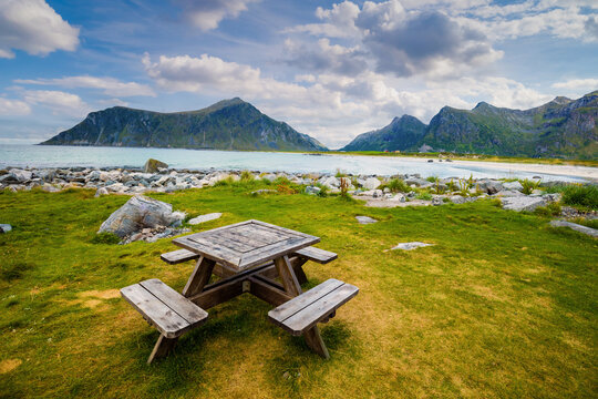 Rocky seashore. A place to relax. The place for a picnic. The beautiful nature of Norway. The Lofoten Islands. Ramberg