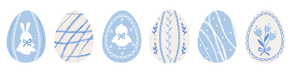 Vintage pastel blue Easter egg set with spring decorative floral ornaments © Vita