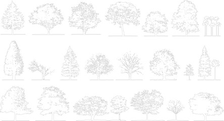 Collection of black and white line of various trees and foliage plant plants © Pixel Park