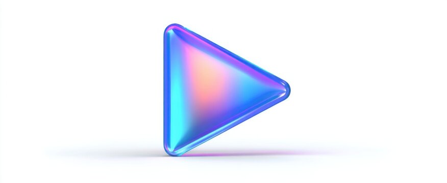 Vibrant iridescent glass play icon featuring sharp reflections set against a pristine white background.