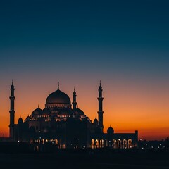夕暮れのモスクシルエット、オレンジの空
