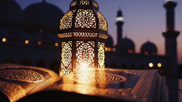 Ramadan celebration with lantern, book, and mosque
