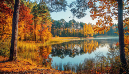 Obraz premium Stunning autumn landscape showcasing vibrant foliage and tranquil lake reflecting colorful trees under a clear blue sky