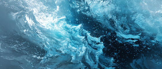 Dynamic underwater ocean wave with bubbles and foam in motion. Powerful natural water texture symbolizing energy, purity, movement, and environment, perfect for background and design use.