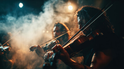 Fototapeta premium Professional violinist performing on stage with dramatic lighting and smoke atmosphere. Concept of music performance, art, talent, culture, and live entertainment for marketing and event promotion.