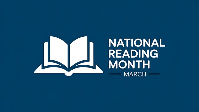 National reading month march text with open book icon on blue background, celebration of literacy and learning, promoting education and literature event awareness