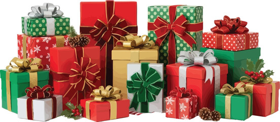 Large pile of colorful Christmas gift boxes and presents isolated on white background. Festive holiday celebration illustration vector.