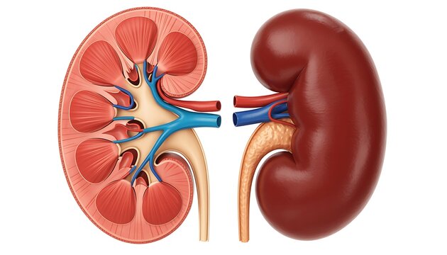Detailed anatomical illustration of human kidneys in sagittal and coronal view, isolated on white background for medical education