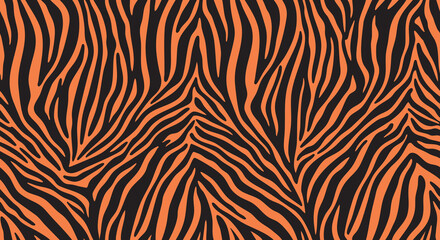 Seamless pattern featuring orange and black tiger stripes, creating a vibrant and striking animal print design. © Nayan