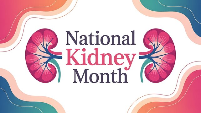 National kidney month in march graphic design with stylized kidneys and abstract wavy background in pink orange and teal colors