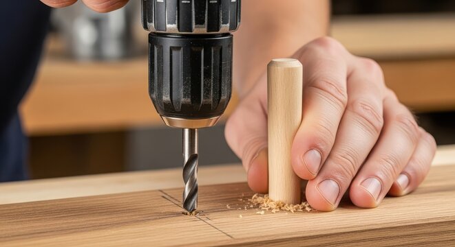 A person using a power drill to attach a wooden dowel into a wooden surface
