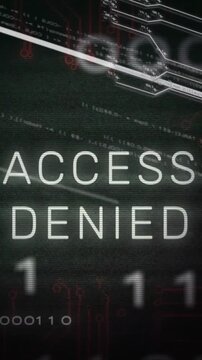 Vertical video: ACCESS DENIED resolving after scanline sweep, glitching to signal lockout