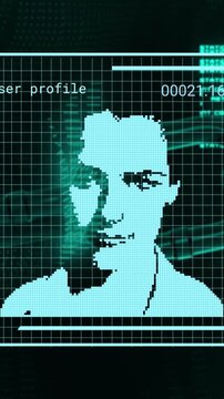 Vertical video: Rotor starting scan, UI pixelating cyan profile, updating bars for verifying