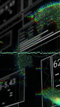 Vertical video: Particles starting from right panels, forming globe, moving left, mapping hotspots