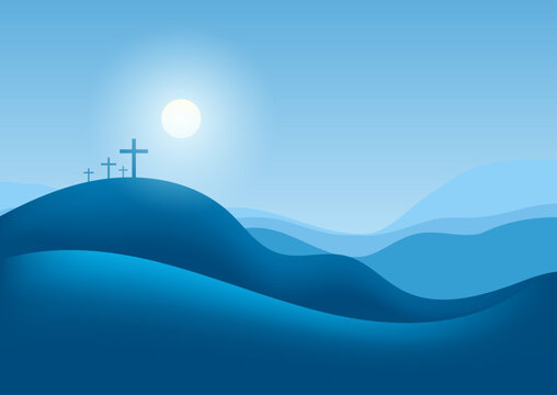 Minimal Good Friday background with crosses in blue landscape 
