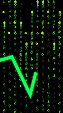Vertical video: Binary rain rising urging neon zigzag entering shifting peaking showing data trend