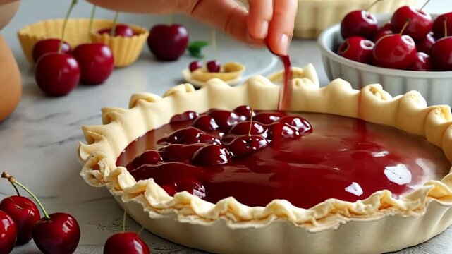 Making a cherry pie with fresh cherries and a handmade crust in a bright kitchen during the afternoon