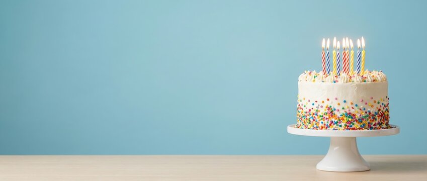 Celebrating a birthday with a colorful cake simple setting dessert bright background close-up view joyful concept