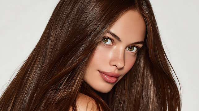Gorgeous model with long shiny brown hair after keratin treatment on white background