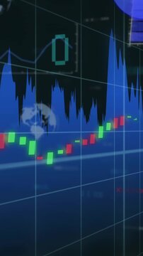Vertical video: On start blue area chart sliding right, candles rising after dip, showing uptrend