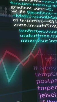 Vertical video: View panning right, stacked bars showing dashboard, code scrolling and neon pulsing
