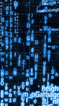 Vertical video: Vertical code streams scrolling on input pulse, revealing panels over 3D grid