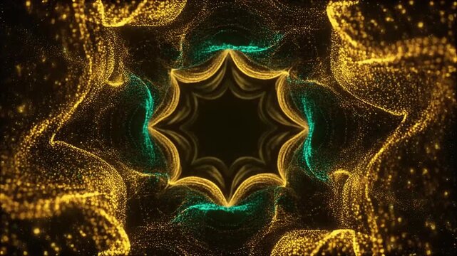 Futuristic high end abstract gold emerald particles swirling center void forming cosmic motion seamless surreal ambience cascading softly unique style ultra realistic cinematic loop