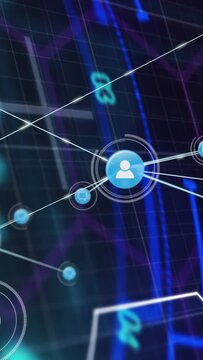 Vertical video: Central blue avatar emitting pulse, spawning nodes and chat icons across neon grid