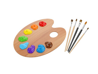 Wooden artist palette with colorful paints and paintbrushes for art hobby creative work transparent background