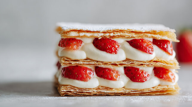 macro shot of french mille-feuille with crisp puff pastry layers, close-up of delicious strawberry napoleon dessert with vanilla cream, elegant puff pastry cake with fresh berries and powdered sugar