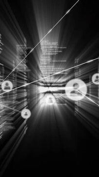 Vertical video: Radial zoom driving nodes to emerge, icons linking and flaring toward overload