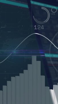 Vertical video: Data HUD responding to arrow at ruler, bars rising, sine sweeping, showing timeline