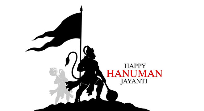 A silhouette of hanuman with a flag on a hill with a greeting for hanuman jayanti