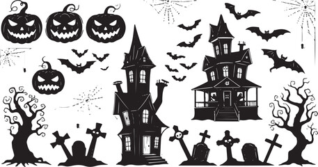 Fototapeta premium Halloween banner with haunted house. Poster with scary graveyard, full moon, spooky trees, tombstones and lantern pumpkins vector