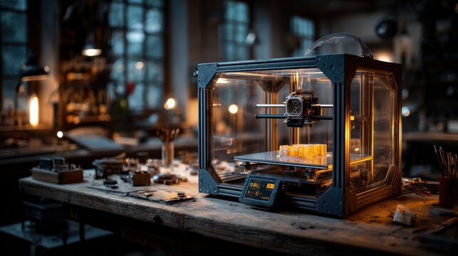 Advanced 3D printer in a dimly lit workshop, showcasing intricate technology and innovation