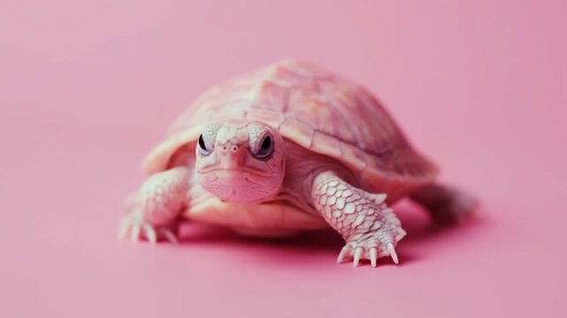 Pink Turtle with Blue Eyes Crawling on a Vibrant Pink Background