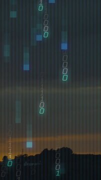 Vertical video: Teal blue binary rain starting at top, cascading over dusk ridge, visualizing data