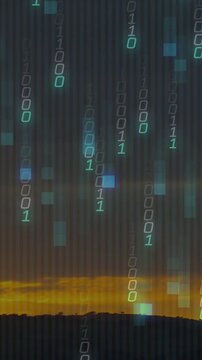 Vertical video: Binary digits appearing from top, cascading down near horizon, forming cyan rain