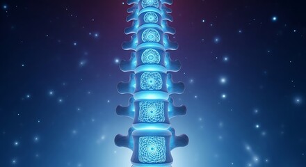 A stylized digital representation of the human spine glowing brightly with integrated circuit patterns.