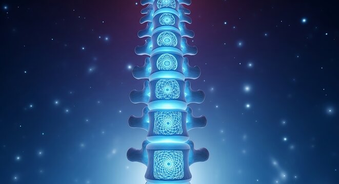 A stylized digital representation of the human spine glowing brightly with integrated circuit patterns.