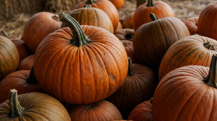 A vibrant pile of pumpkins stacked together in a rustic outdoor setting.