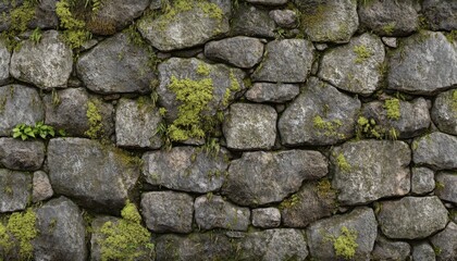 Obraz premium Moss-covered stone wall showcasing rustic texture and nature's beauty in a weathered, old-world charm