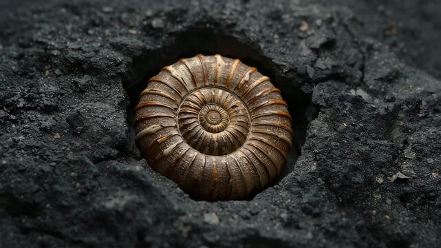Spiral ammonite fossil embedded in dark rock surface