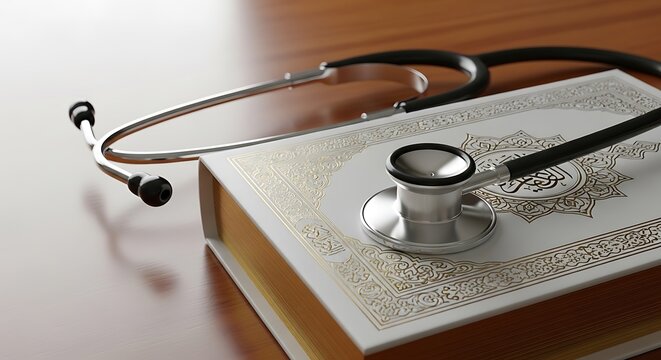 A stethoscope rests on an ornate book on a wooden surface, representing the intersection of medicine and knowledge.